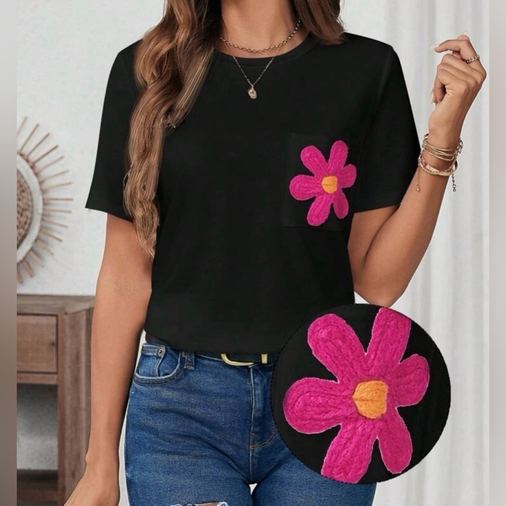 Black Top with Pink Flower Accent